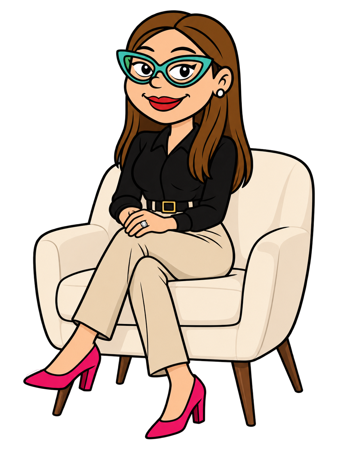 Nosenia, Yesenia’s cartoon character, seated in a cream chair with turquoise glasses and hot pink heels