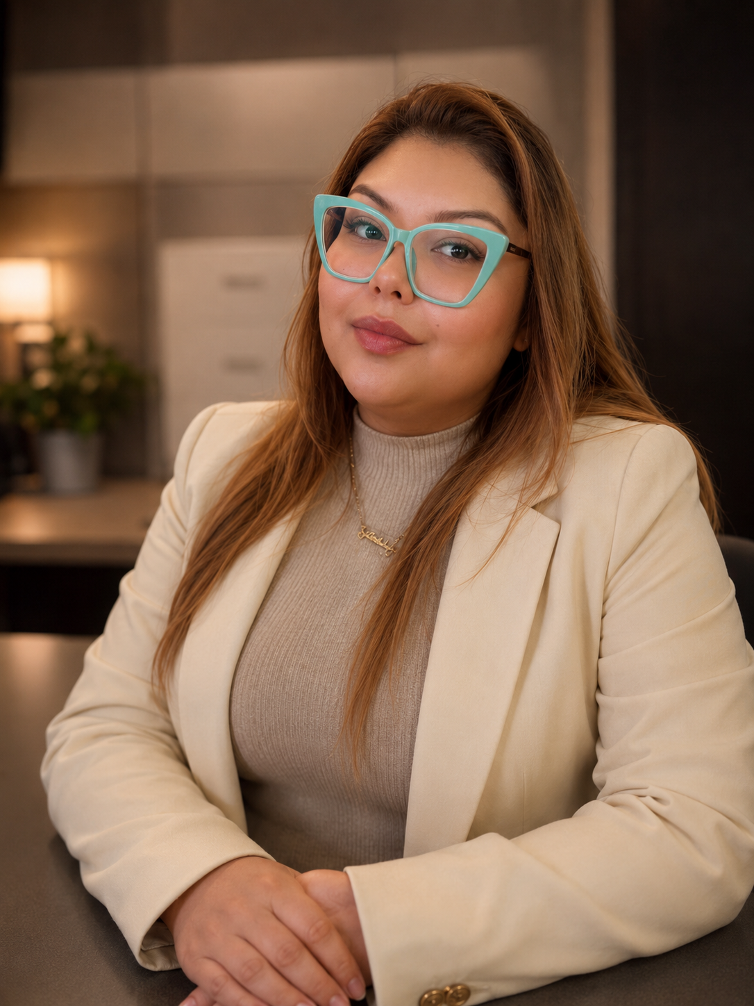Yesenia Santillan wearing turquoise glasses and a cream blazer